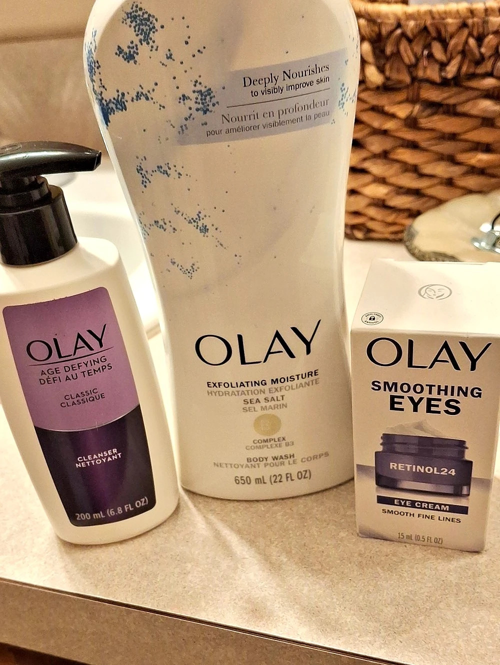 Olay Age Defying Classic Cleanser, Exfoliating Moisture Body Wash, and Smoothing
